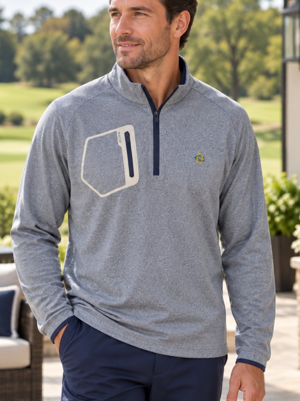 RLX Ralph Lauren Men’s Blue Gray Golf Quarter Zip Pullover Oakmont Country Club